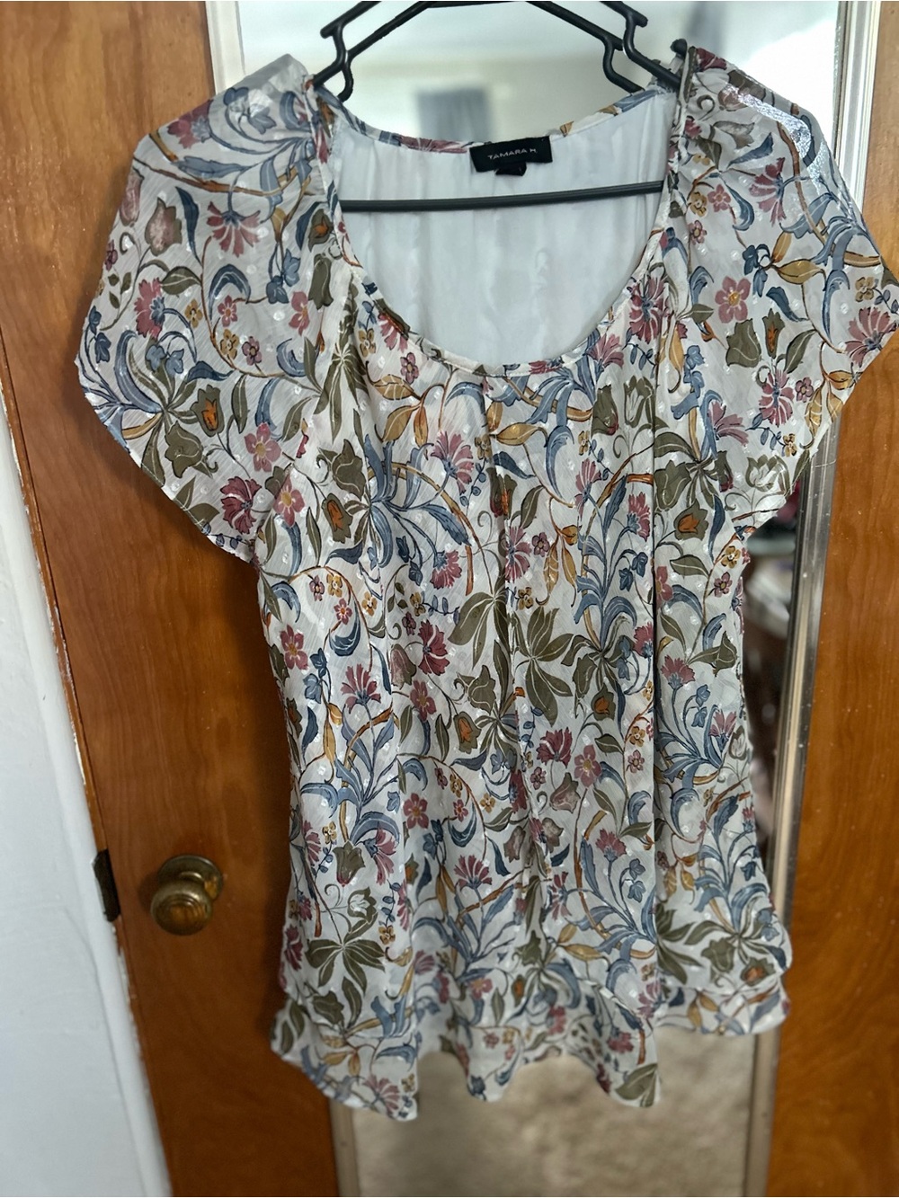 Casual Floral Scoop Neck Blouse - Cream, Blue & Olive
